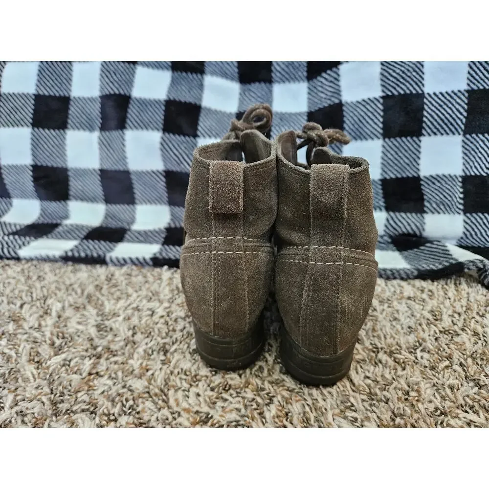 Sorel Evie Ankle Bootie Womens 6.5 Taupe Gray Suede Lace Up Wedge Boots